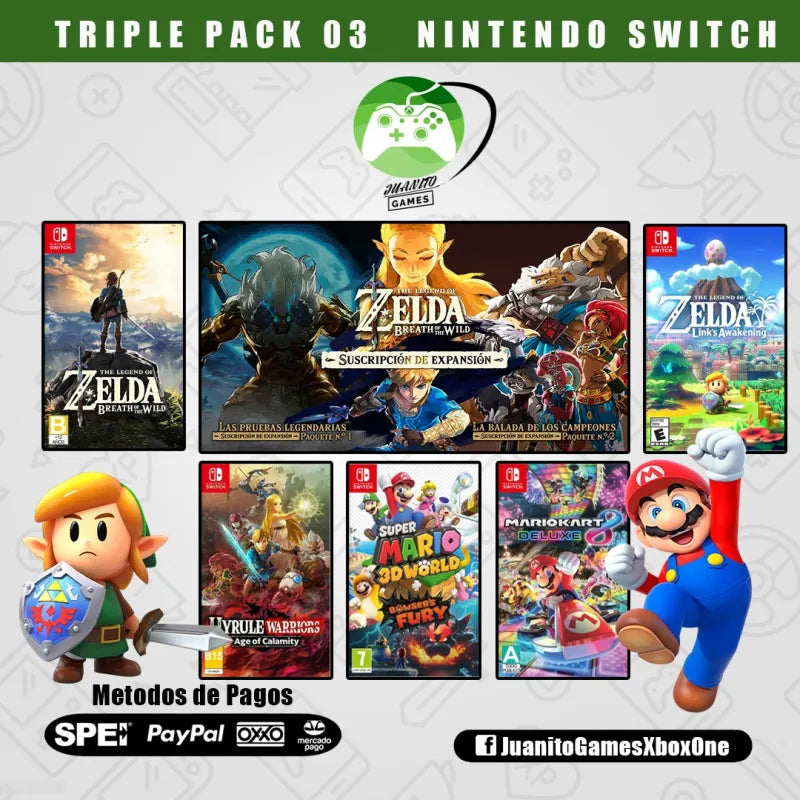 Pack 3: Zelda BOTW con DLC + Tears of the Kingdom + Link's Awakening + Mario Kart + Mario 3D World