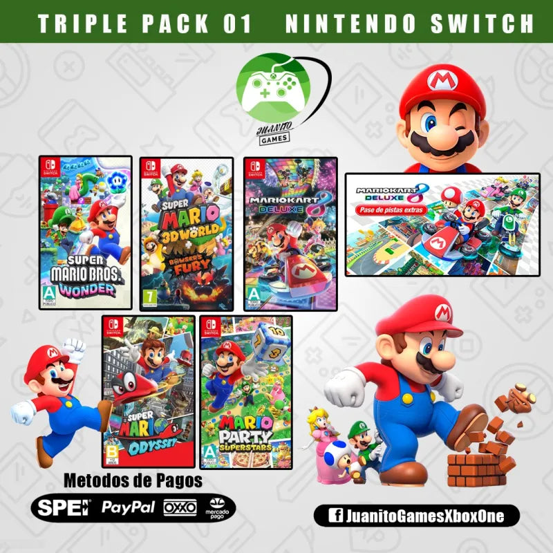 Pack 1: Mario Wonder + 3D World + Kart con Expansión + Odyssey + Jamboree